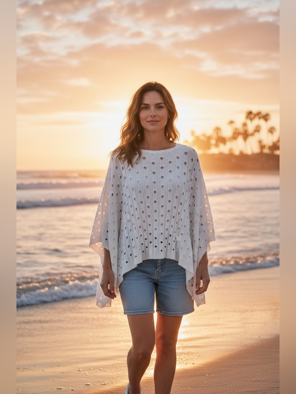 Casual White Open-Knit Poncho Sweater